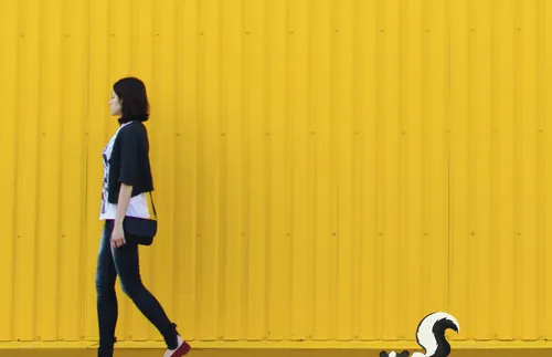 woman with skunk following