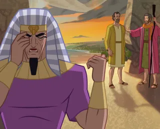 sad Pharaoh telling Moses and Aaron to leave