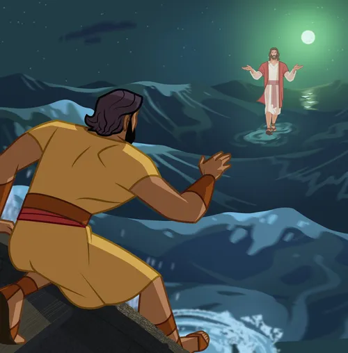 Jesus invites Peter to come to Him on the water.