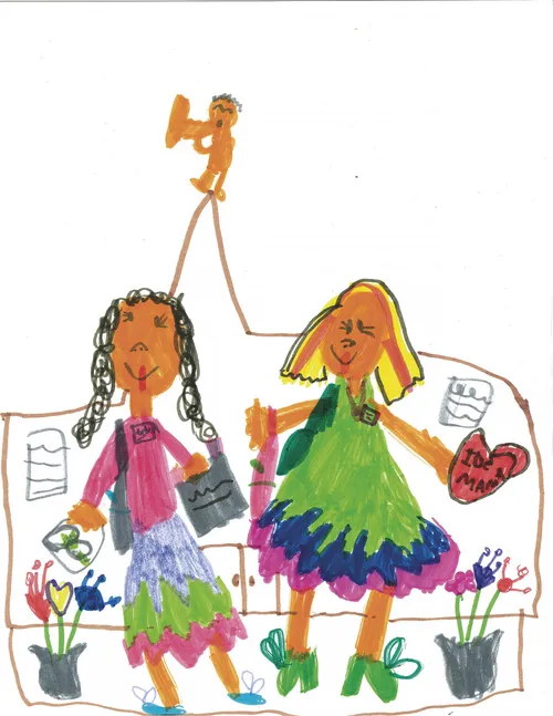 A child's drawing of 2 girls wearing colorful dresses. There are pots of flowers on each side of them.