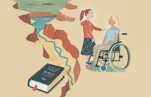 daughter talking to her mother, who is in a wheelchair