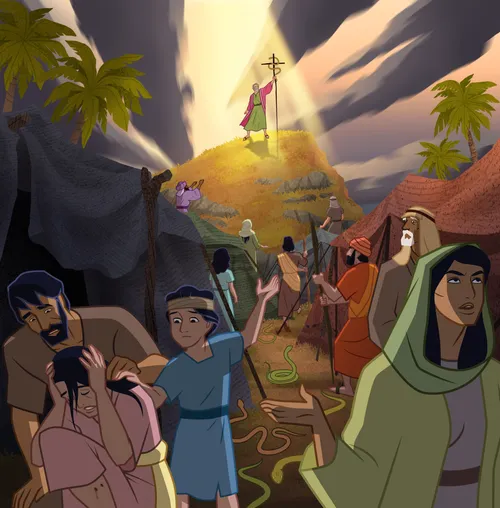 Illustration of Moses holding a brass serpent, some people are looking while others look away