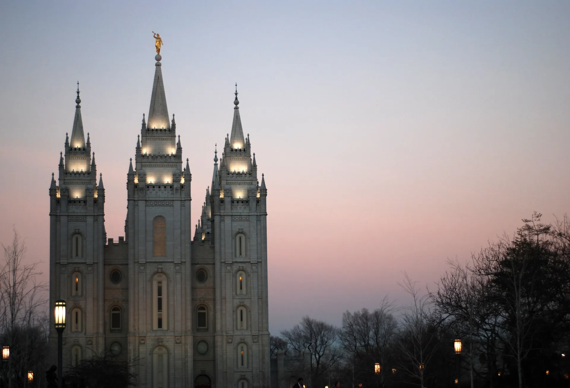 The Salt Lake Temple in the evening, including scenery.