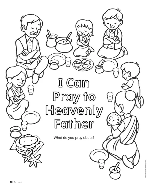Coloring page PDF of family praying over a meal