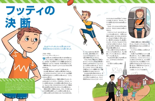 頭をかいたり，フッティをしたり，車の中で祈ったり，家族と一緒に教会に歩いて行ったりする少年のイラストが描かれたPDFページ