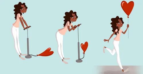 young woman pumping up a heart balloon