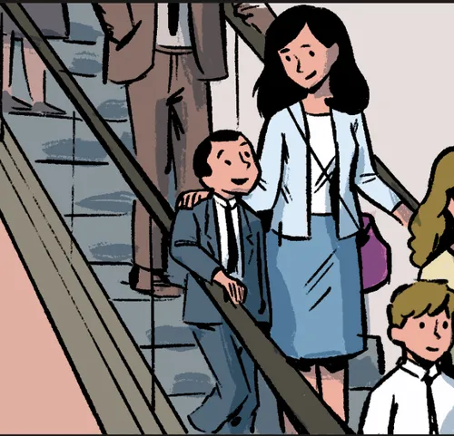 Boy and mom going down the escalator