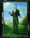 Portrait of Joseph Smith Jr. standing and holding a copy of the Book of Mormon.