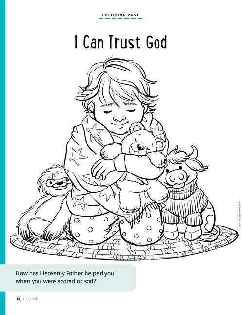 Coloring page of a kneeling child praying, wrapped in a blanket with stuffed animals