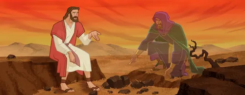 Satan tempting Jesus to turn stones into bread.