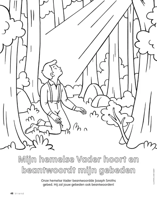 Kleurplaat van Joseph Smith die in het heilige bos bidt (pdf)