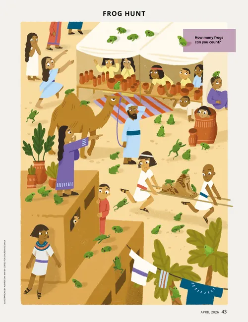 Illustration of a people in an acient Egyptian city hiding from frogs all over