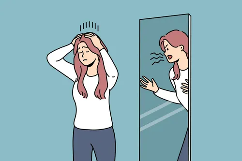 an illustration of a woman’s reflection criticizing her