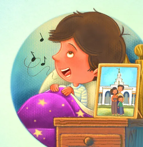 坐在床上唱歌的男孩，身旁桌上放着一张圣殿的图片