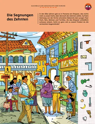 Suchbild (PDF) von Menschen, die einem jungen Ehepaar Nahrungsmittel schenken