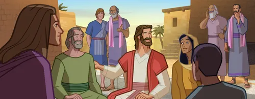 Jesus talking and eating with a group of people.