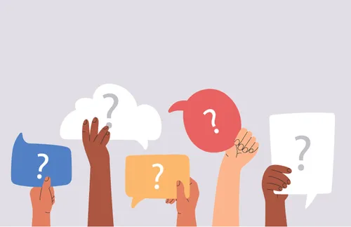 an illustration of hands holding up question marks