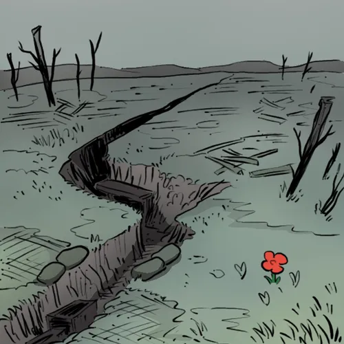 battlefield with a single poppy growing in it