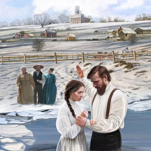 illustration of a baptism in a frozen river
