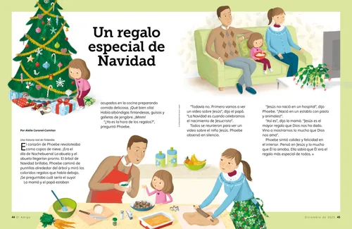 Página en PDF con ilustraciones de una niña mirando regalos debajo de un árbol de Navidad, la niña y sus padres trabajando juntos en la cocina, y la niña y sus padres sentados juntos viendo un televisor