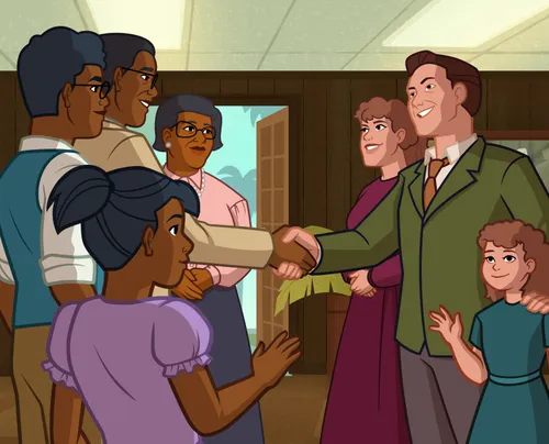 The Martins greeting people at a Church meeting.