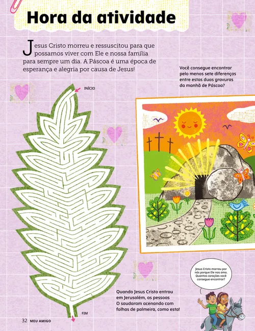 Página em PDF com ilustrações de brincadeiras de Páscoa