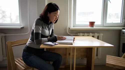 a woman sitting at a table and studying the scriptures