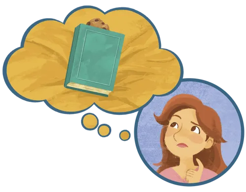 Mom thinking about using a cookie as a bookmark