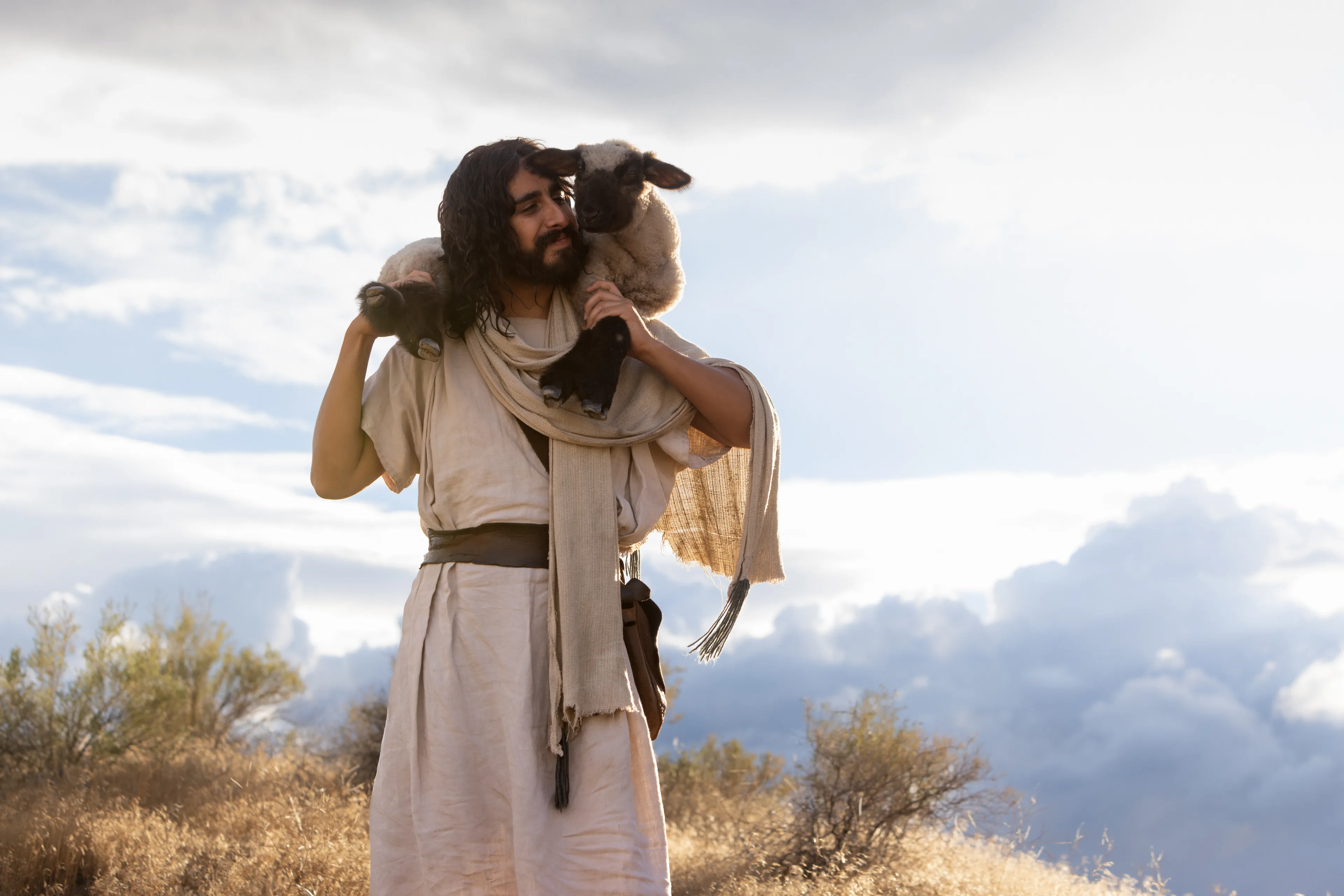 Depiction of Jesus Christ walking through a field, carrying a lamb across his shoulders. Detail from the Easter 2026 campaign. © undefined ipCode 1.