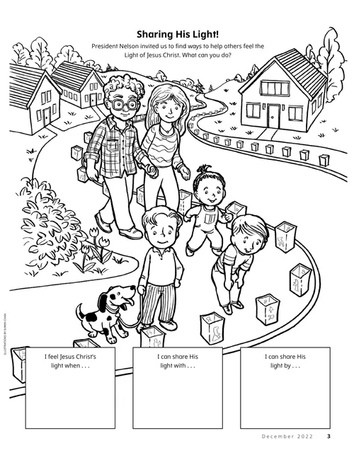 着色活动PDF：一个家庭在社区里边走边看圣诞灯饰；另有空间可以写下如何分享基督的光