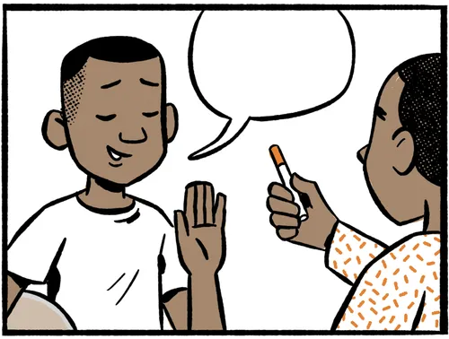 Boy holding up his hand to say no to a cigarette