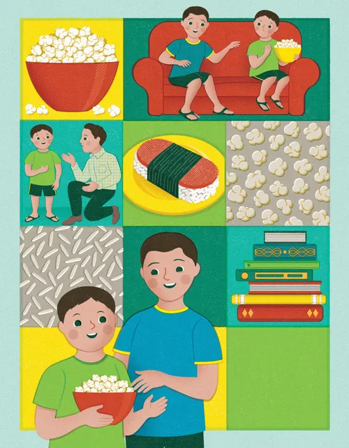 Brothers sharing popcorn and sushi