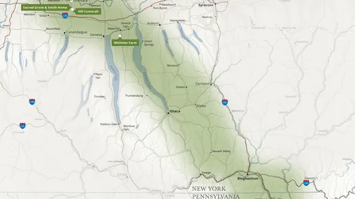 A map that highlights the travel time between Church History sites in New York and Pennsylvania.