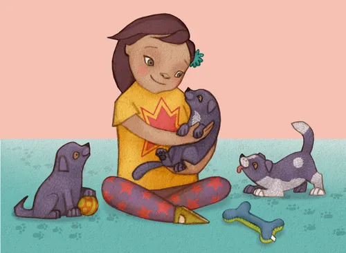 girl sitting with puppies