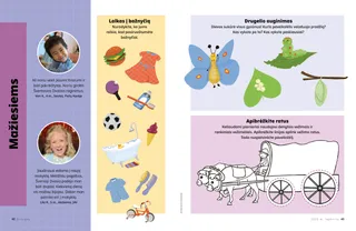 PDF puslapis su dengto vežimo spalvinimo užduotimi; drugelio raidos etapų eiliškumo užduotimi; šabo dienos pasirinkimų užduotimi