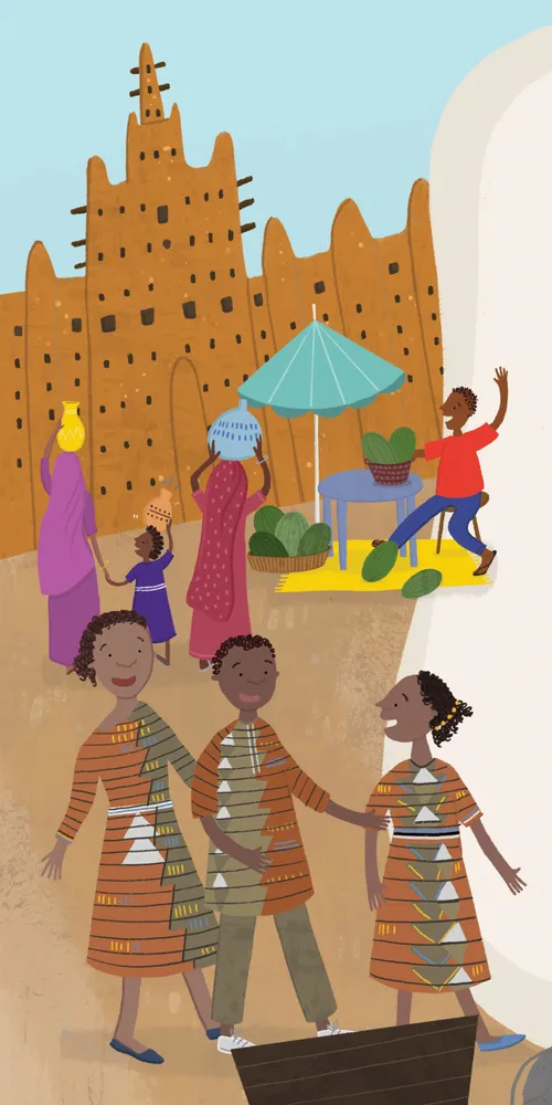 two sisters and brother walking through street in Mali