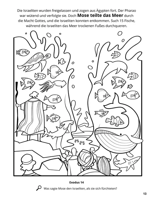 PDF/Ausmalbild: Das Rote Meer, in dem viele verschiedene Fische schwimmen, wird von Mose geteilt