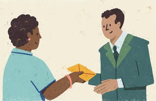 illustration of a woman giving a tithing envelope to her bishop