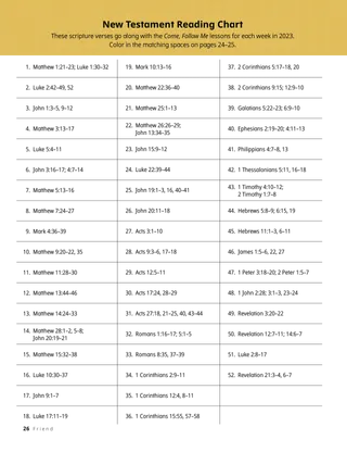 Page from the January 2023 Friend Magazine. New Testament Reading Chart