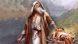 Abraham and Isaac. Abraham looking toward the heavens with a knife in his hand.  Isaac laying on the alter.  The Gospel in the Old Testament (Religious Tract Society, 1908).