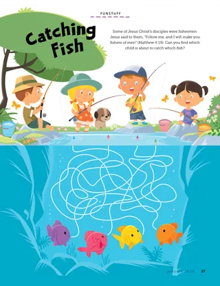 Page from the January 2023 Friend Magazine. FUNSTUFF: Catching Fish