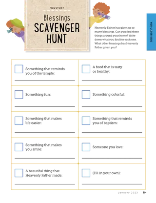 Page from the January 2023 Friend Magazine. FUNSTUFF: Blessings Scavenger Hunt