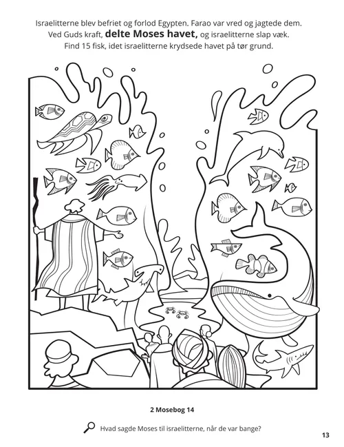 PDF-malebogsside med delingen af Det Røde Hav med en række fisk, der kan farvelægges