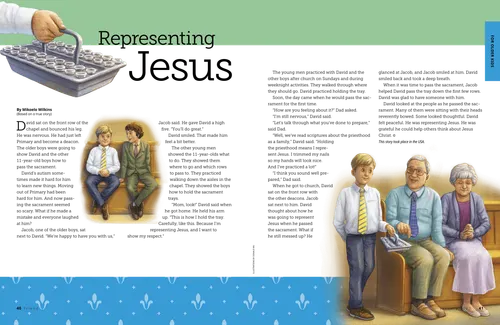 Page PDF with illustrations of a hand holding a sacrament tray of water, two boys sitting next to each other in a church pew, and a boy passing the sacrament to a man and woman