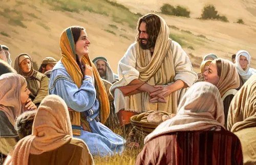 Jesus speaking with a woman while others look on