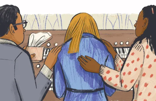 illustration of a woman playing the organ and being comforted by two people