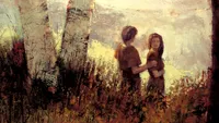The Old Testament figures Adam and Eve walking together through a field.  There are trees growing in the field.