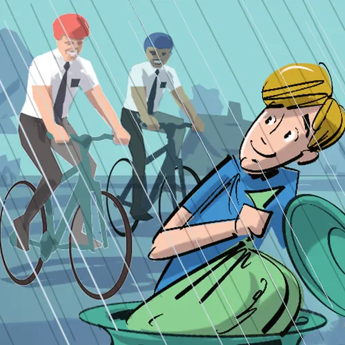 missionaries on bicycles in the rain, with young man taking out trash