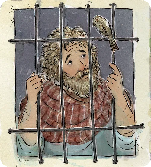 Paul looking at a bird from behind prison bars