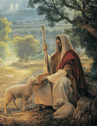 Pictură cu Isus Hristos îmbrăcat ca păstor și hrănind o oaie.
